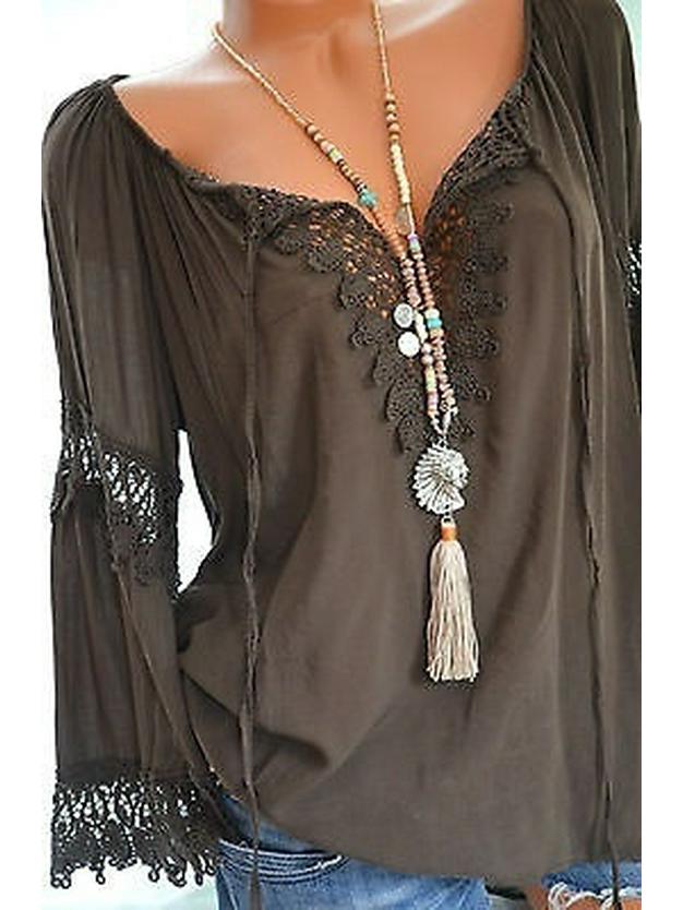 2024 Bestseller Off-the-Shoulder Cotton Linen Lace-Trim Long Sleeve Top