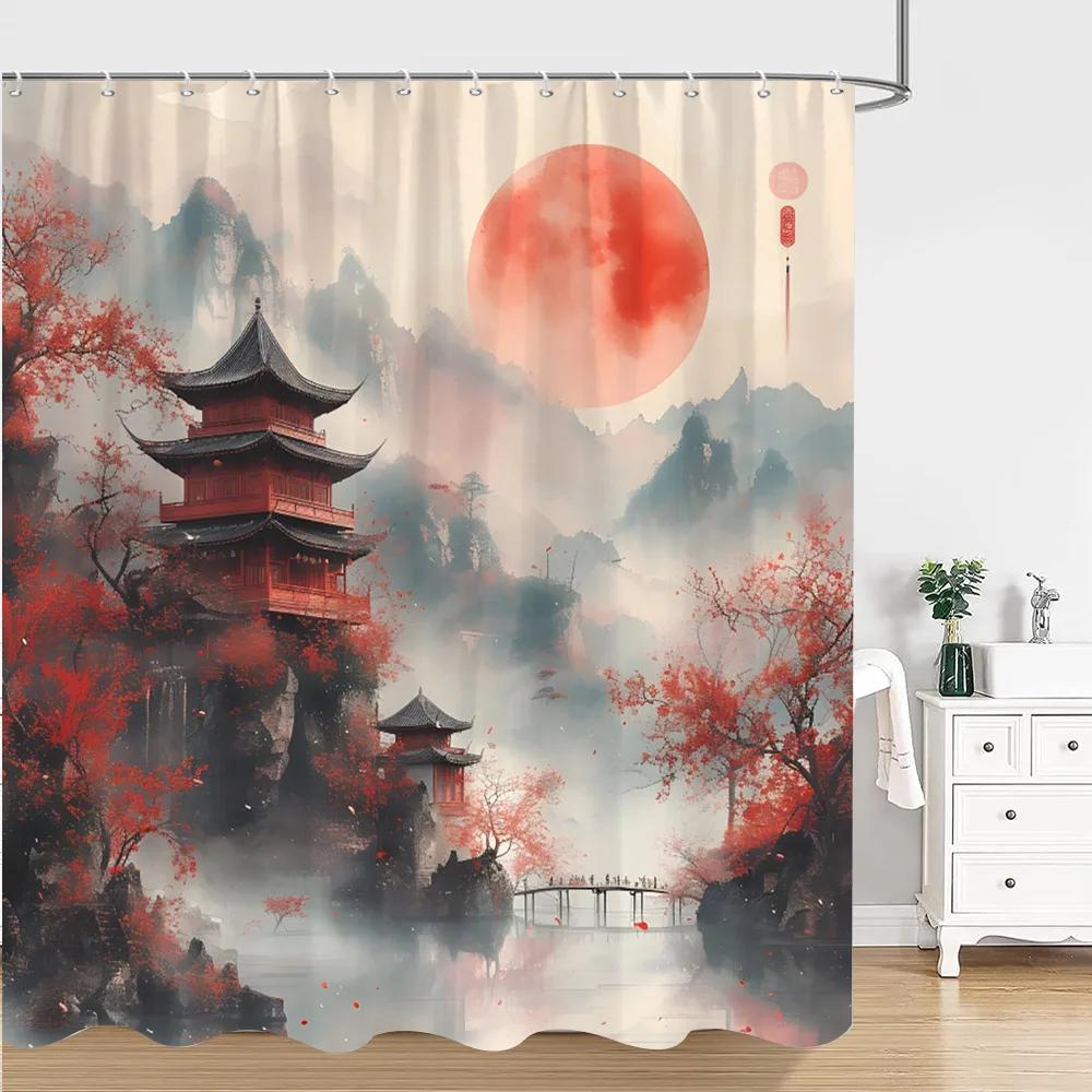 Chinese Japanese Ink Painting Shower Curtain Red Plum Blossom Art Painting Retro Style Polyester Shower Curtains Bathroom Deco