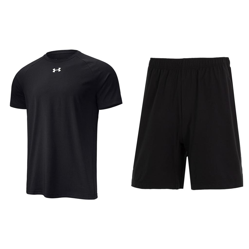 Under Armour Logo Print Pullover Crew Neck T-Shirt And Elastic Waist Mid-Rise Shorts Casual Sports Set Men Sets Black 22500518-001+24500201-001