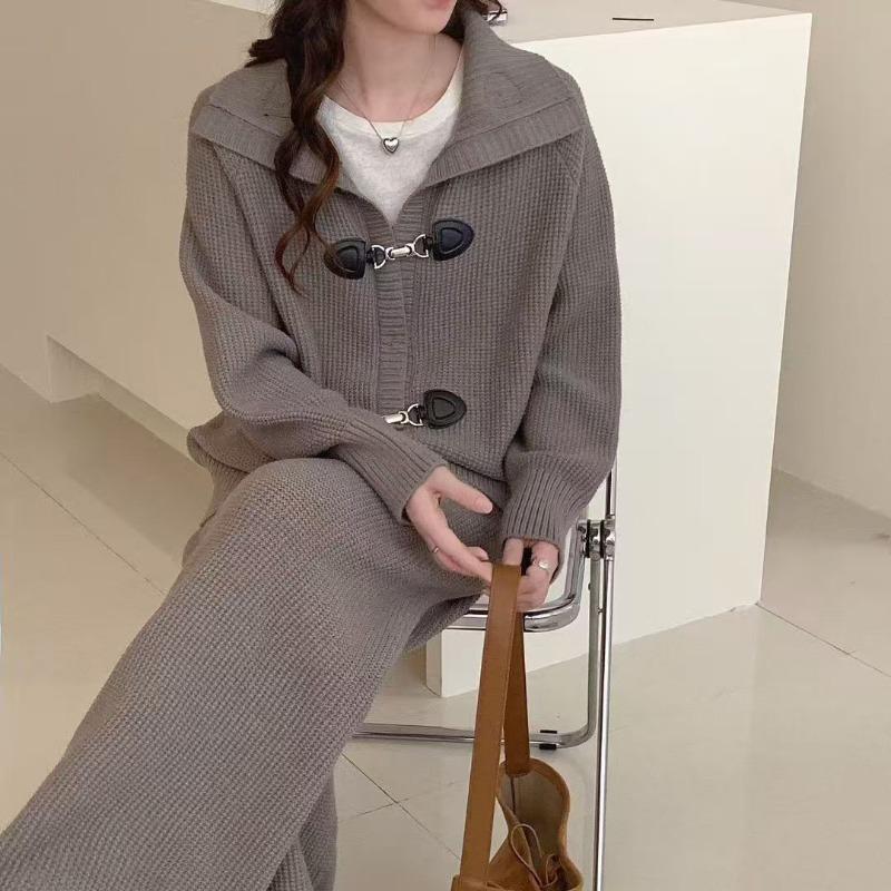 

Дизайн с лацканами, большой размер, утолщенный свитер-кардиган, комплект, женский осенне-зимний новый, с высокой талией, вязаные широкие брюки, комплект из двух предметов One Size верблюд