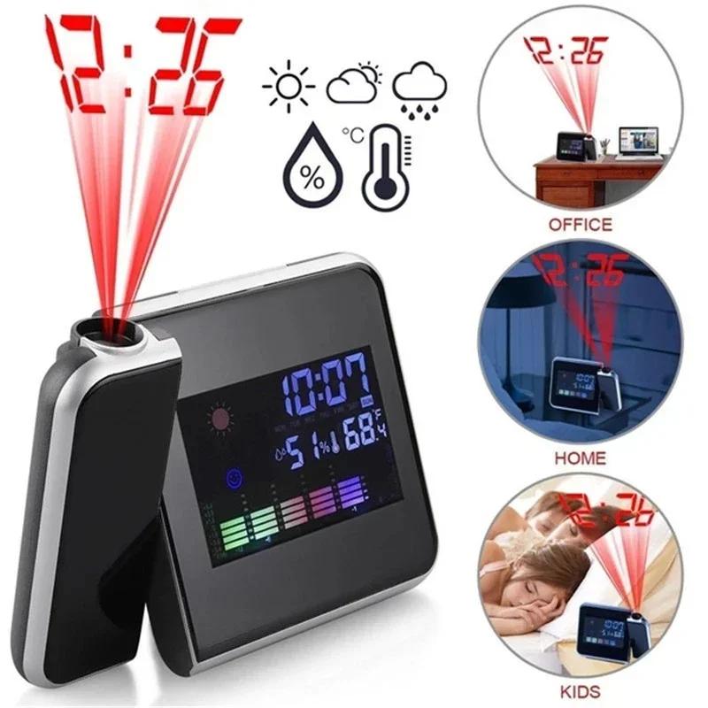 Digital LED Backlight Projection Alarm Clock Snooze Display Weather Temperature Thermometer Humidity Calendar Bedside Clock