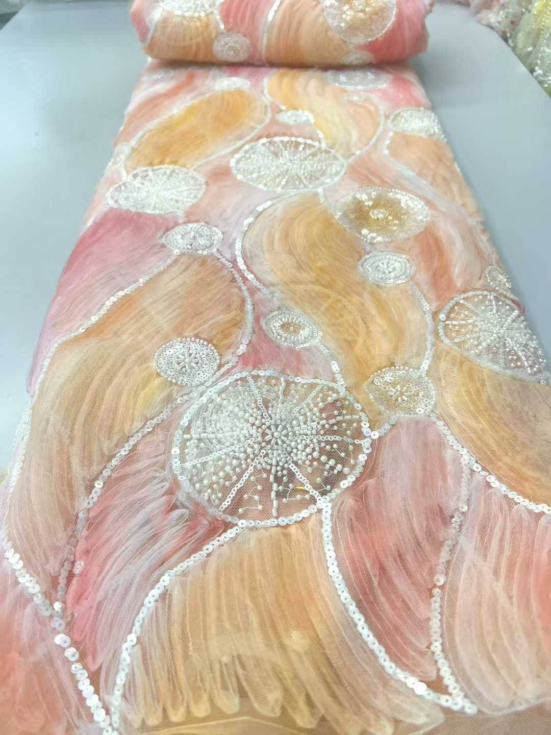 

Роскошная африканская шифоновая кружевная ткань 2025 Высокое качество Расшитая бисером Вышитая Нигерийская сетчатая кружевная ткань Блестки для женского вечернего платья 5 yards&120cm