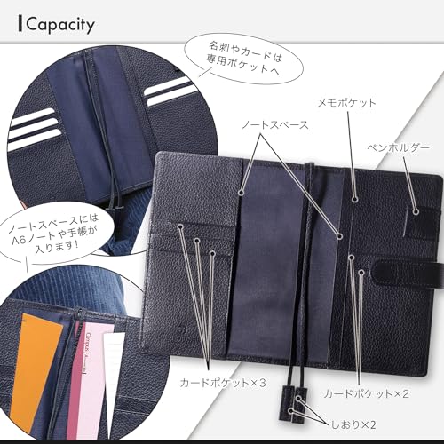 [BLUE SINCERE] A6 Size Notebook Cover, Genuine Leather, Holds 2 Books, Pen Holder, Pocket, Cards, Sticky Notes, Business Cards, Bookmark Included / NC