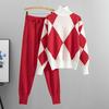 Fashion Women's Casual Knitted Plaid Sweater + Pants Suit Two-piece Set