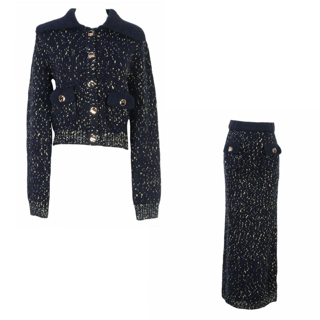 Damen Herbst/Winter Strickmantel & Midi-Rock Set in gemischten Farben mit Umlegekragen, Kleiner Duftstil.