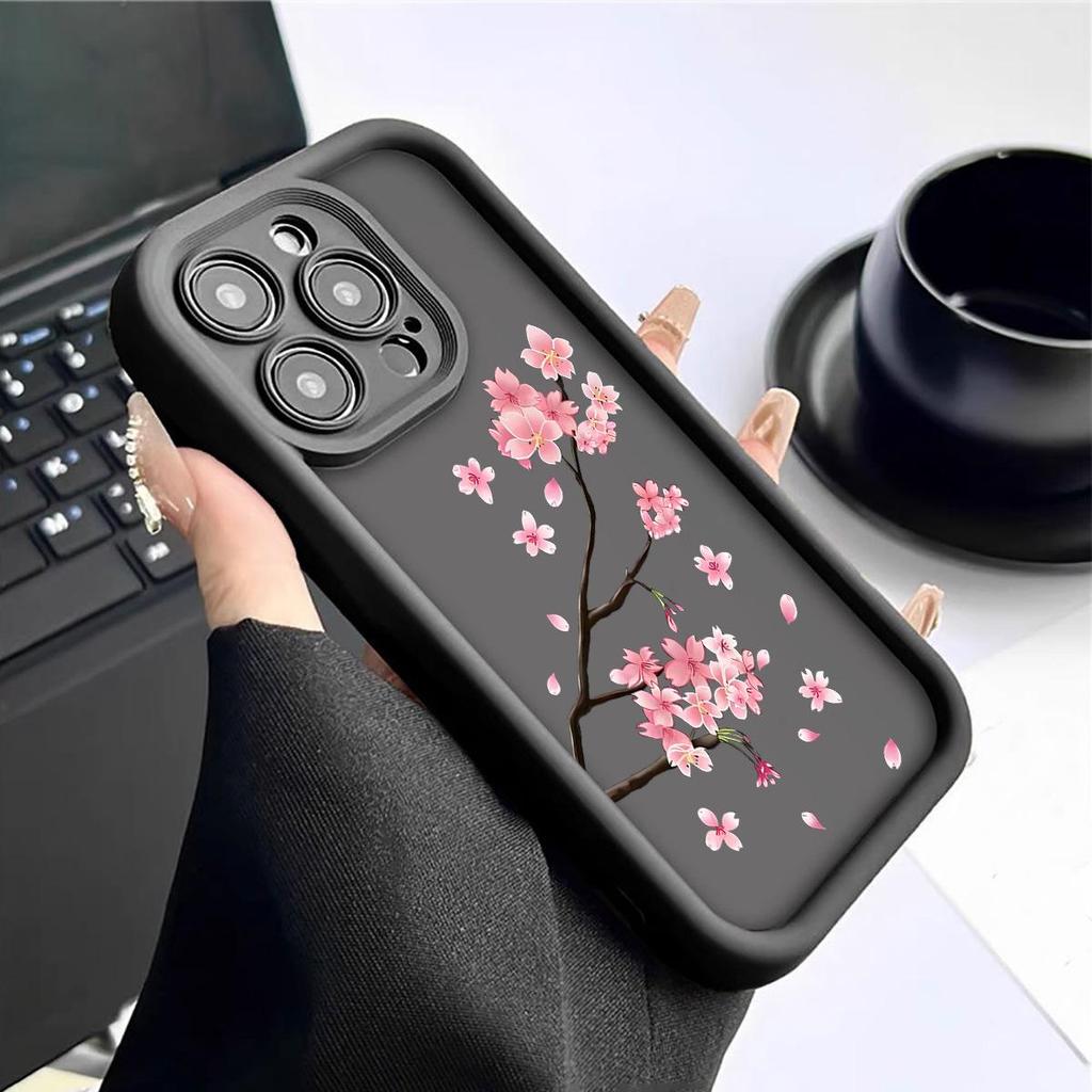 Pink Flower Branches Black Groove Phone Case for iPhone 15/16/17
