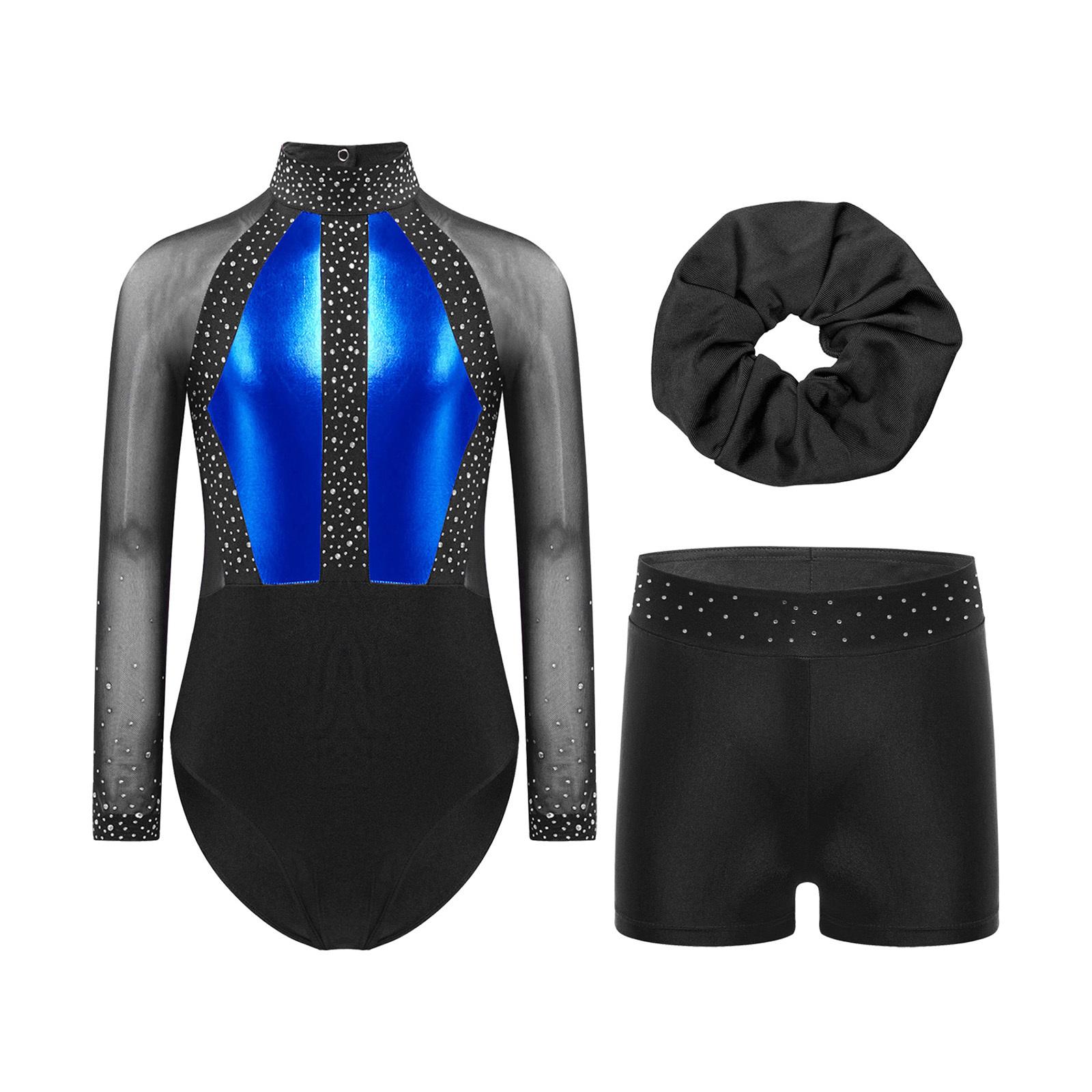 

Girls Mesh Long Sleeve Leotard Rhinestones Shorts Headwear Gymnastics Dance Performance Set 5-6 Years