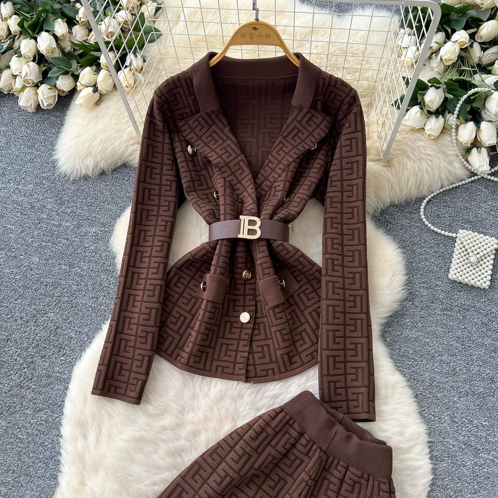 Herbst Winter Damen Vintage Designer Strickpullover Hose Zweiteiliges Set Blazerkragen Jacke Mantel und Weitbeinige Hose Trainingsanzug