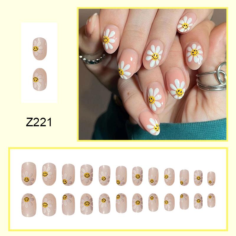 

24 шт. накладных ногтей с короткой круглой головкой, светло-розовый цветочек, маникюр с ромашками, весенний и летний полный маникюрный стиль, стиль иностранной торговли, носимые ногти