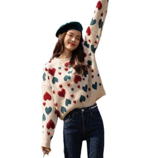 Пуловер, женский свитер Love, женский осенне-зимний свободный свитер с круглым вырезом, универсальный трикотаж, топ One Size абрикосовый