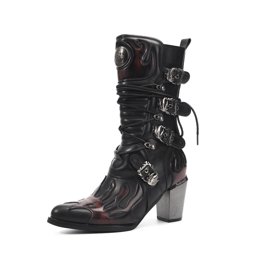 Women's High Heels Boots Fashion Retro Thick Heel Western Denim Women Boots Cool Rivet Pointed Tip Knight Boots Botas Para Mujer