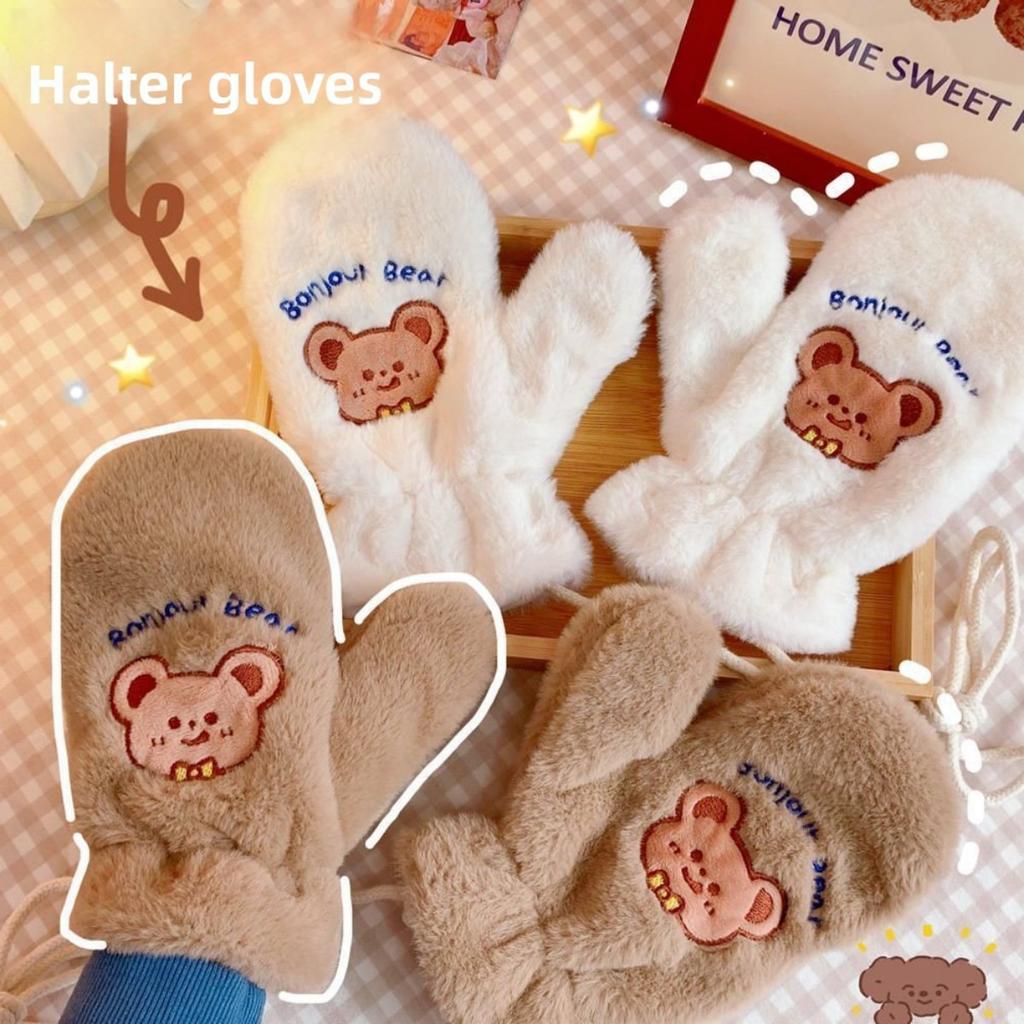 College Style Cartoon Gloves with Thick Windproof and Warm Fur for Autumn and Winter, Casual Plush Cute Teddy Bear with Fingers Hanging Around Neck