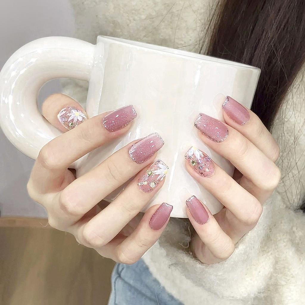 10Pcs Artificial Nail Tips with Cat Eye Flower Design for Women Manicure