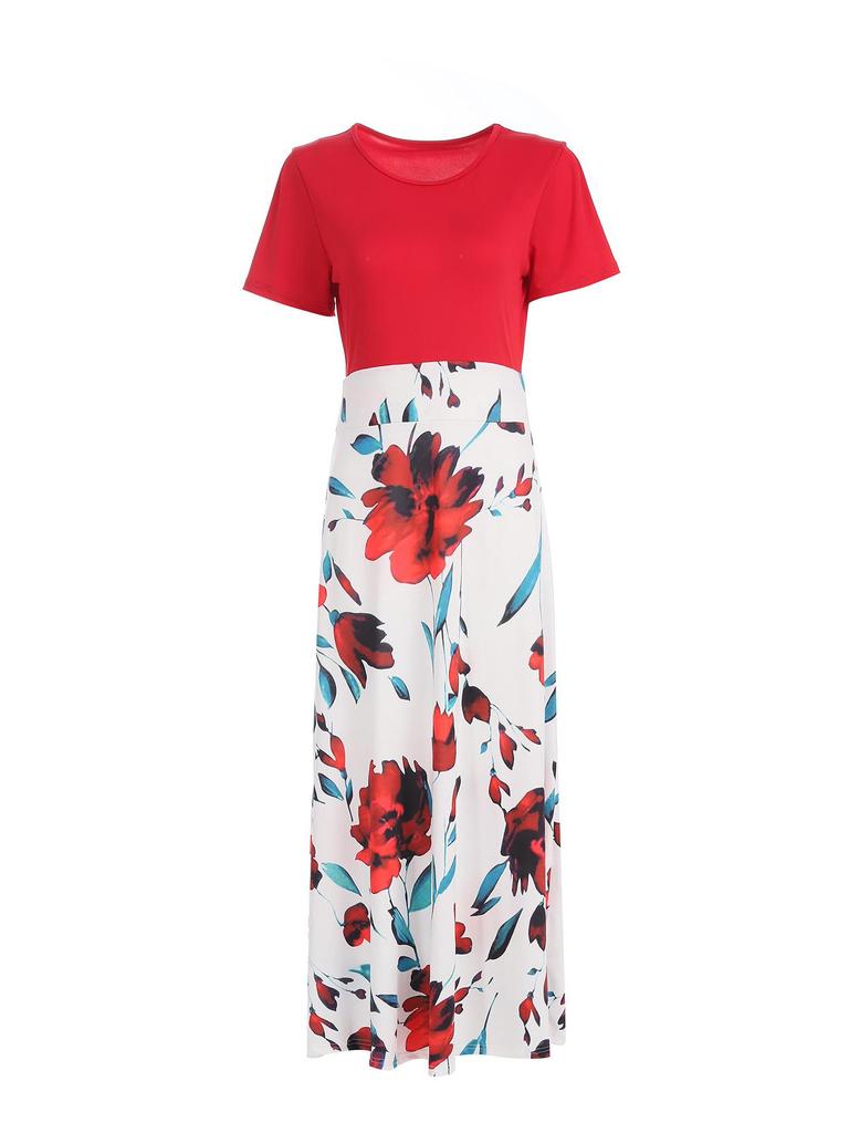 European & American Style Long Skirt with Digital Print, Color-Matched, Long/Short Sleeve Dress for Women