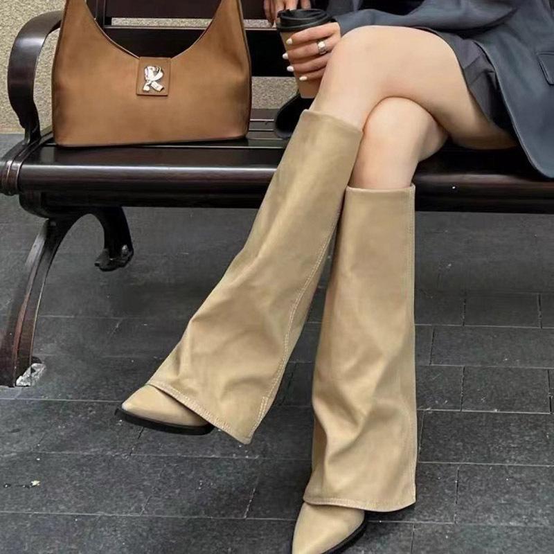 

HH pointed thick heel boots retro but knee boots pull wind chimney boots 2025 new locomotive boots 41 хакі