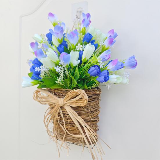 Spring Tulip Door Hanger Basket Wreath for Front Door Artificial Tulip Hanging Floral Wreath with Woven Basket And Bow