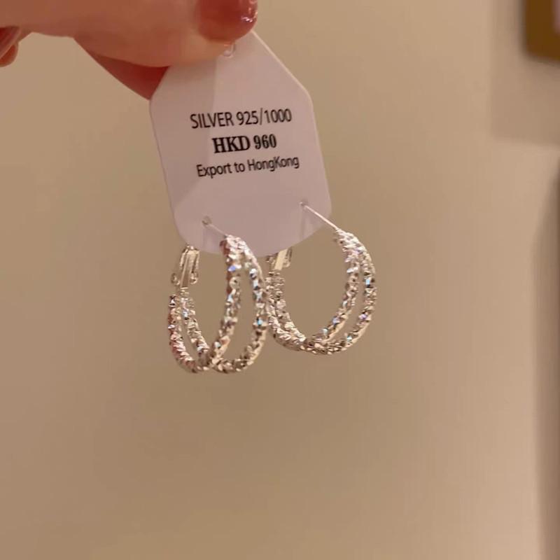 Minimalist Silver Double Layer Large Earrings Women's Summer Versatile Square and Round Face Plain Hoop Earrings