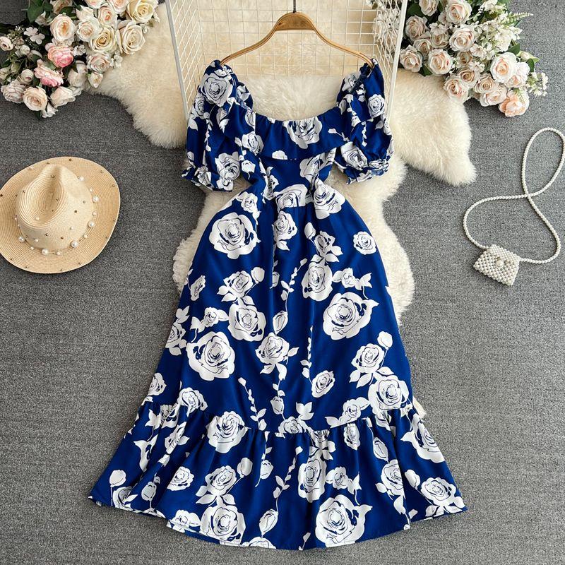 

Summer Lady Ruffles A- line Dress Short Sleeve Dark blue All yards