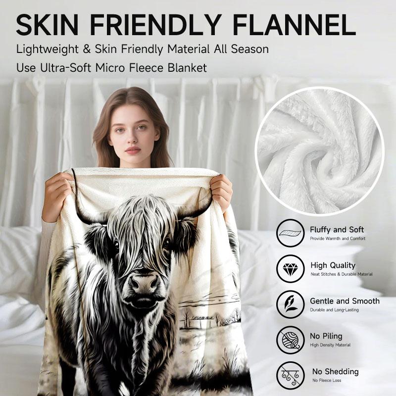 1 Piece Black And White Highland Cow Flannel Blanket, Soft, Suitable For Sofa, Bed, Office, All-Season Use.60X80