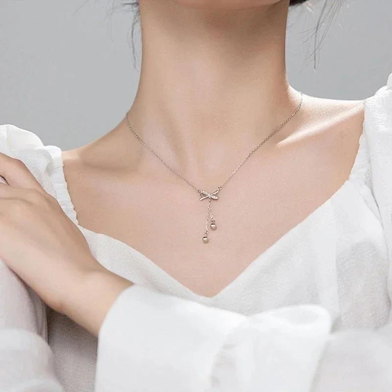 Women Summer Fashion Simple Bow Tassel Necklace Clavicle Chain Necklace Jewelry Accessories Valentines Day Birthday Gifts