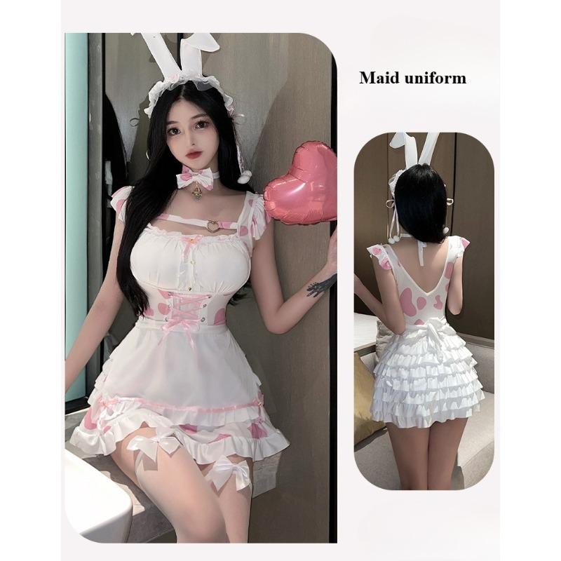 Ladies' Sexy Lingerie Sexy Pink Cow Suit Hollowed Out Maid Bunny Girl Uniform Role-playing Seductive Pure Desire Nightgown