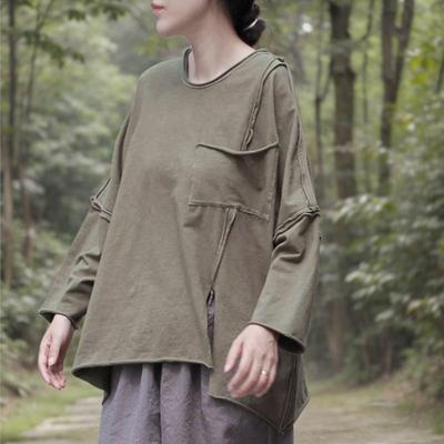 Women Vintage Irregular T-Shirts Solid Color Long Sleeve O-Neck Spring Loose Soft T-Shirts