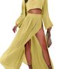 Women's Light Green Cropped Knit Top with Flared Sleeves and Matching High-Slit Maxi Skirt Set, Bohemian Style Outfit
