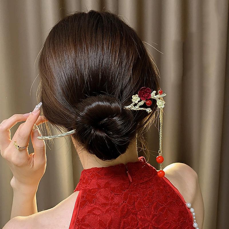 Retro Red Hair Stick Chinese Style Hanfu Tassel Women Flowers Chopsticks Alloy Hairpin Woman Jewelry Hair Clip Accessories