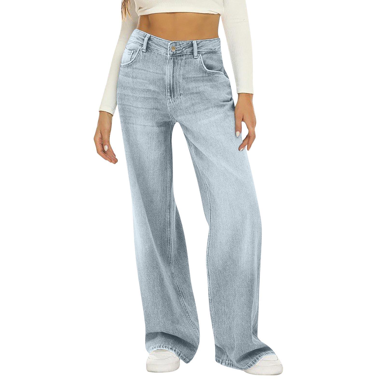 

Женская мода ретро личность потертый старый с высокой талией ретро свободные прямые джинсы S светло-синий