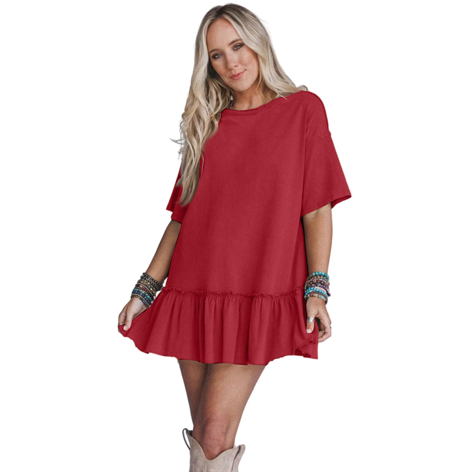 

Women s Loose,fitting Color Short,sleeved Sweet And Spicy Loose Ruffle Pleated Dress L червоний