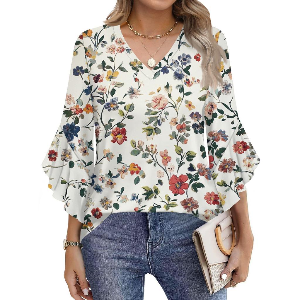 Blouses For Women Dressy Casual 3/4 Length Sleeve Womens Tops V Neck Tshirts Shirts With Flared Sleeve