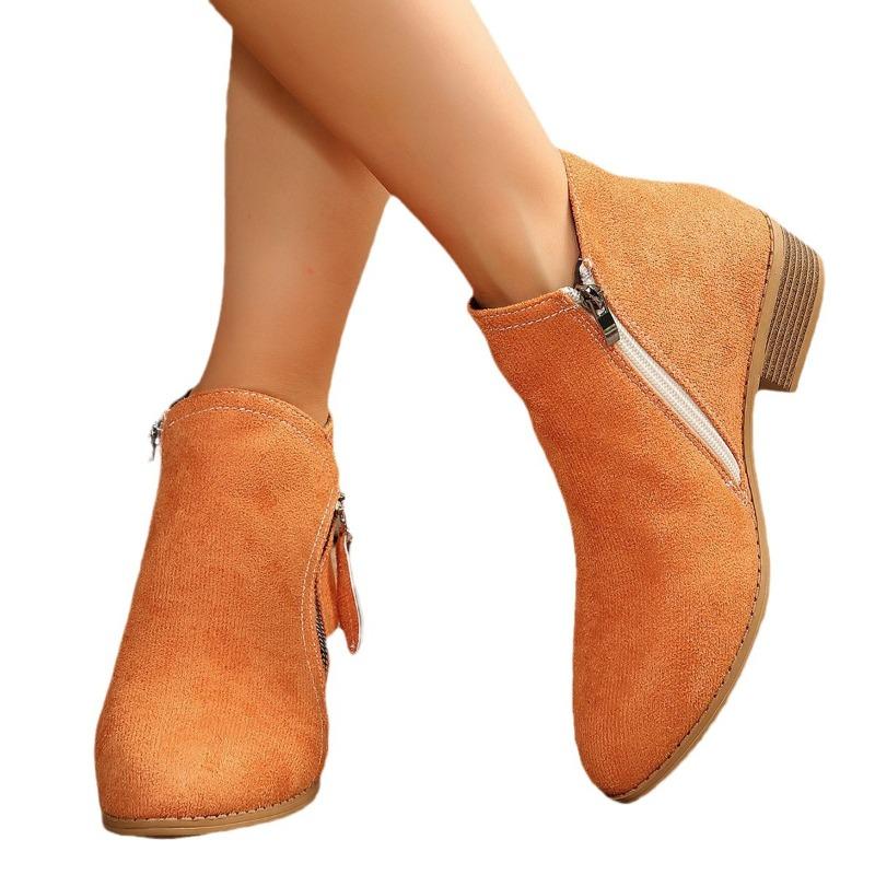 New large size pointed head low heel side zipper fashion boots women's reverse leather low tube fashion short boots women