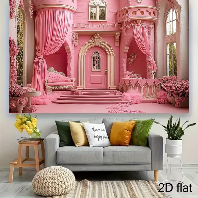 2D Fairy Tale Pink Castle Backdrop, Elegant Floral Princess Palace Background for Birthday & Studio