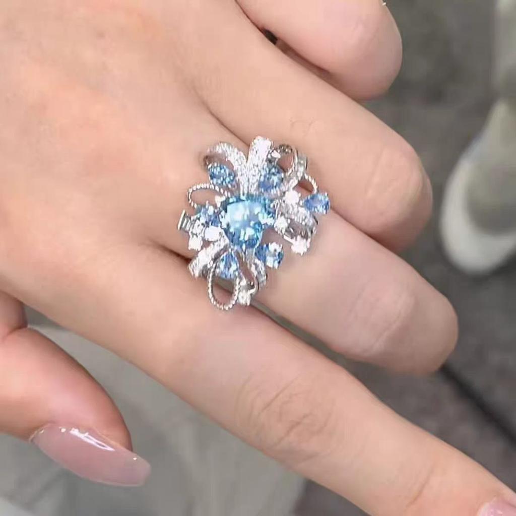 [Blue Butterfly Heart] Ins Blue Love Super Flash Ring Clear Index Finger Ring Versatile Design Ring