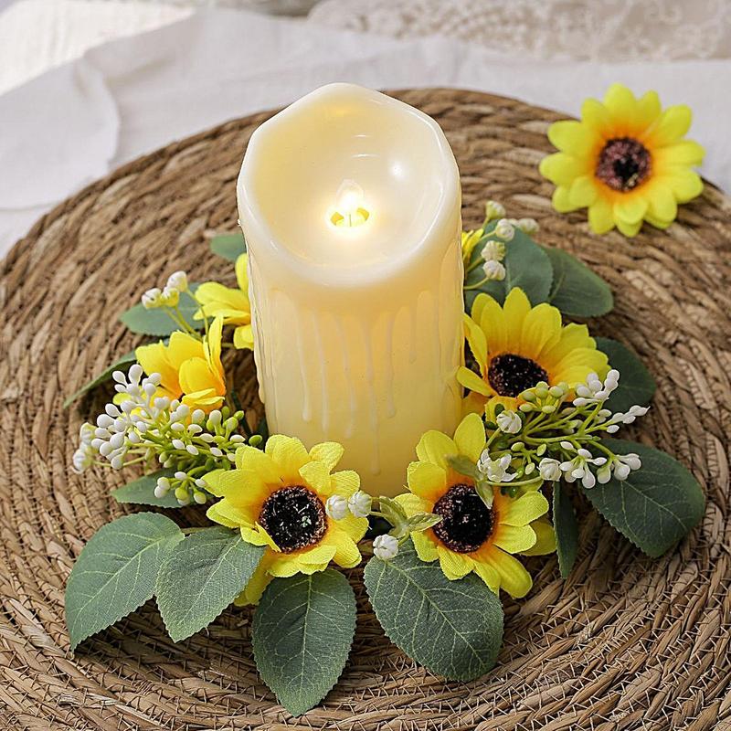 Wreath Candle Ring Artificial Sunflower Garland Pillar Candle Leaves Spring Greenery Candle Holder For Home Wedding Party