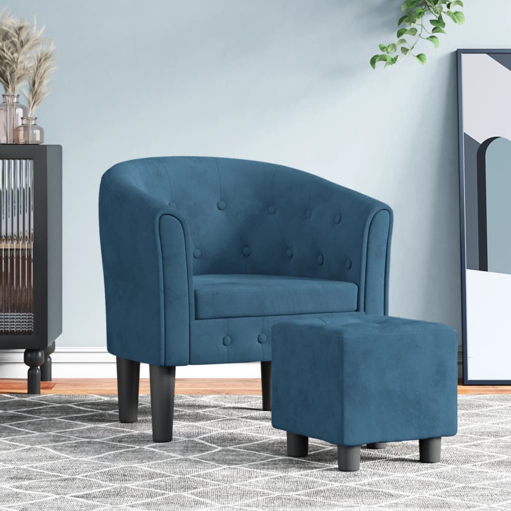 Club Chair with Footstool Dark Blue Velvet
