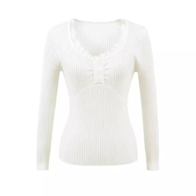 Pure Desire Lace Patchwork V-neck Knitted Sweater for Women's Autumn and Winter New Fitted Long-sleeved Base Layer, High-end Top