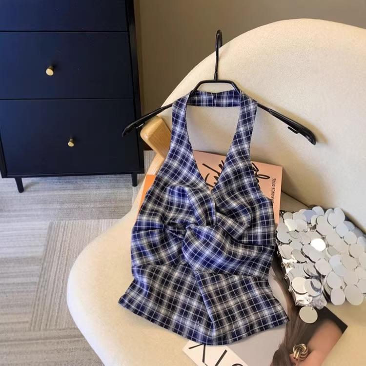 Women s V-neck Red Plaid Halter Crop Top - Summer Style Large синий