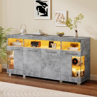 Sideboard High Gloss Chest of Drawers Buffet Cabinet 4 Doors & Open Storage Compartments, Multipurpose Cabinet Glass Doors, Living Room, Dining Room, Cement-Colored
