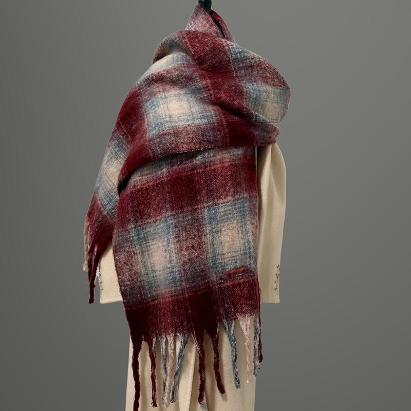 Women's Red Plaid Cashmere-Like Scarf Shawl - Warm, Versatile, Fashionable for Autumn and Winter