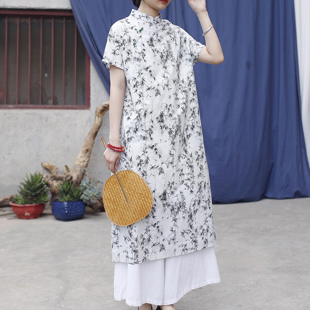 

Johnature Vintage Print Floral Dresses Stand Short Sleeve Summer Chinese Style Button Dress One Size белый