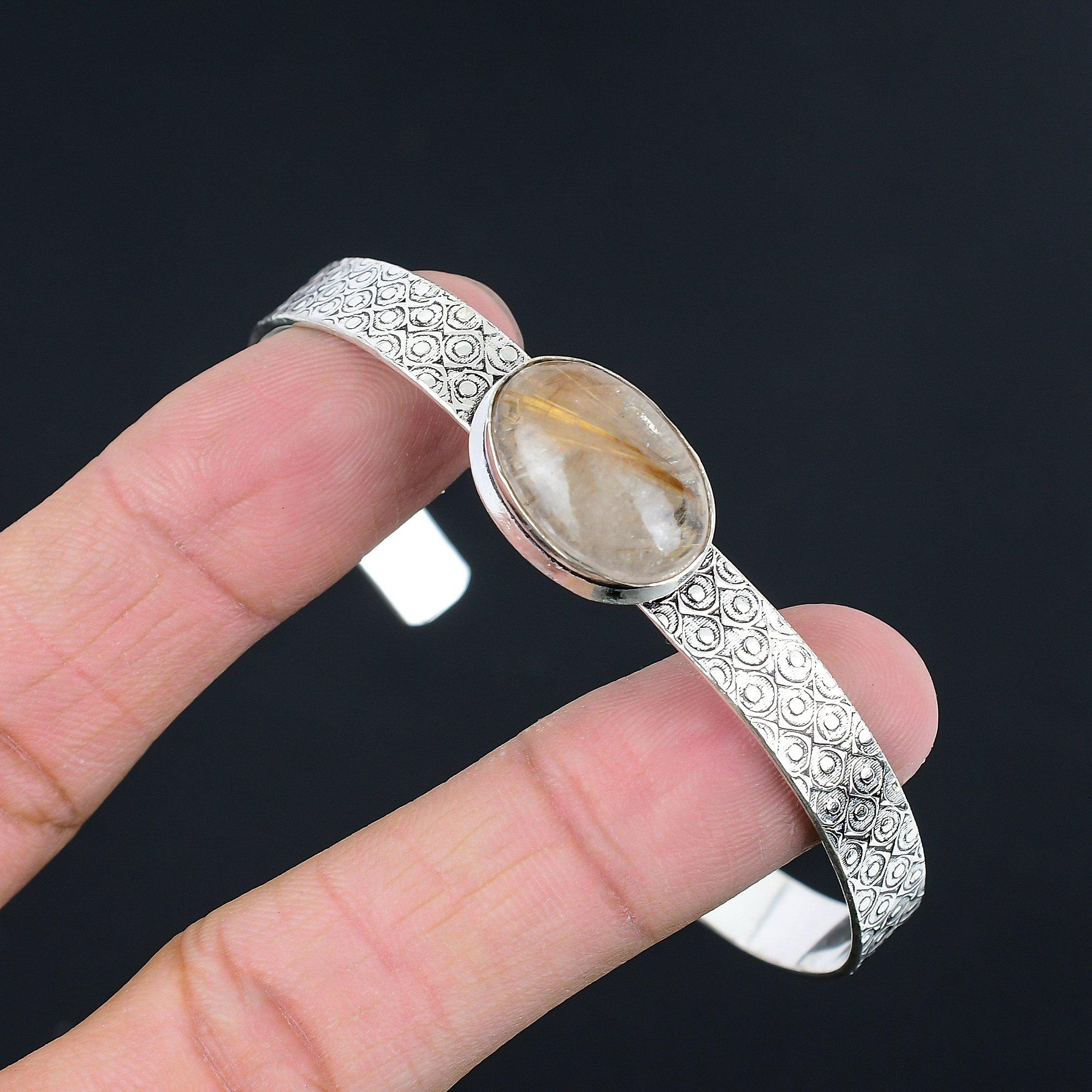 

Sisters Day Sale Oval Golden Rutile Gemstone Sterling Silver New Bangle Bracelet Adjustable