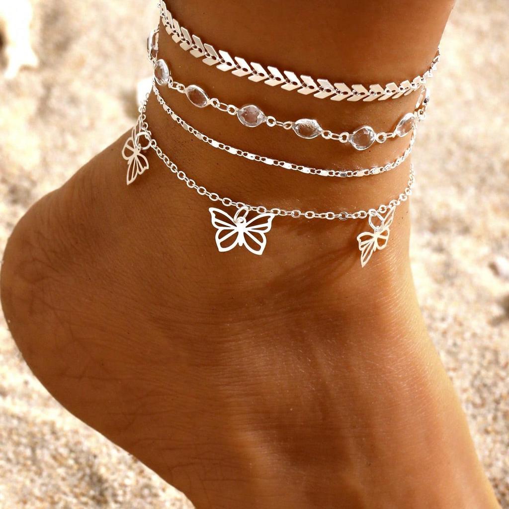 European & American Multi-Layer Crystal Chain Butterfly Anklet - Beach Style Foot Jewelry