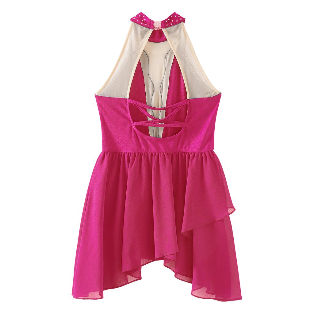 Vestito da ballo lirico con schiena scoperta, pannelli in rete trasparente, collo alto e orlo irregolare, per bambine