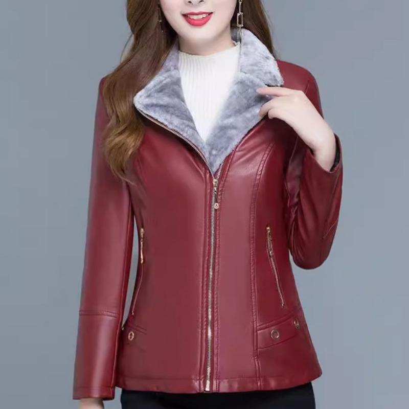 Women S Short Fleece Lined Suit Collar Leather Jacket Winter Casual Coat