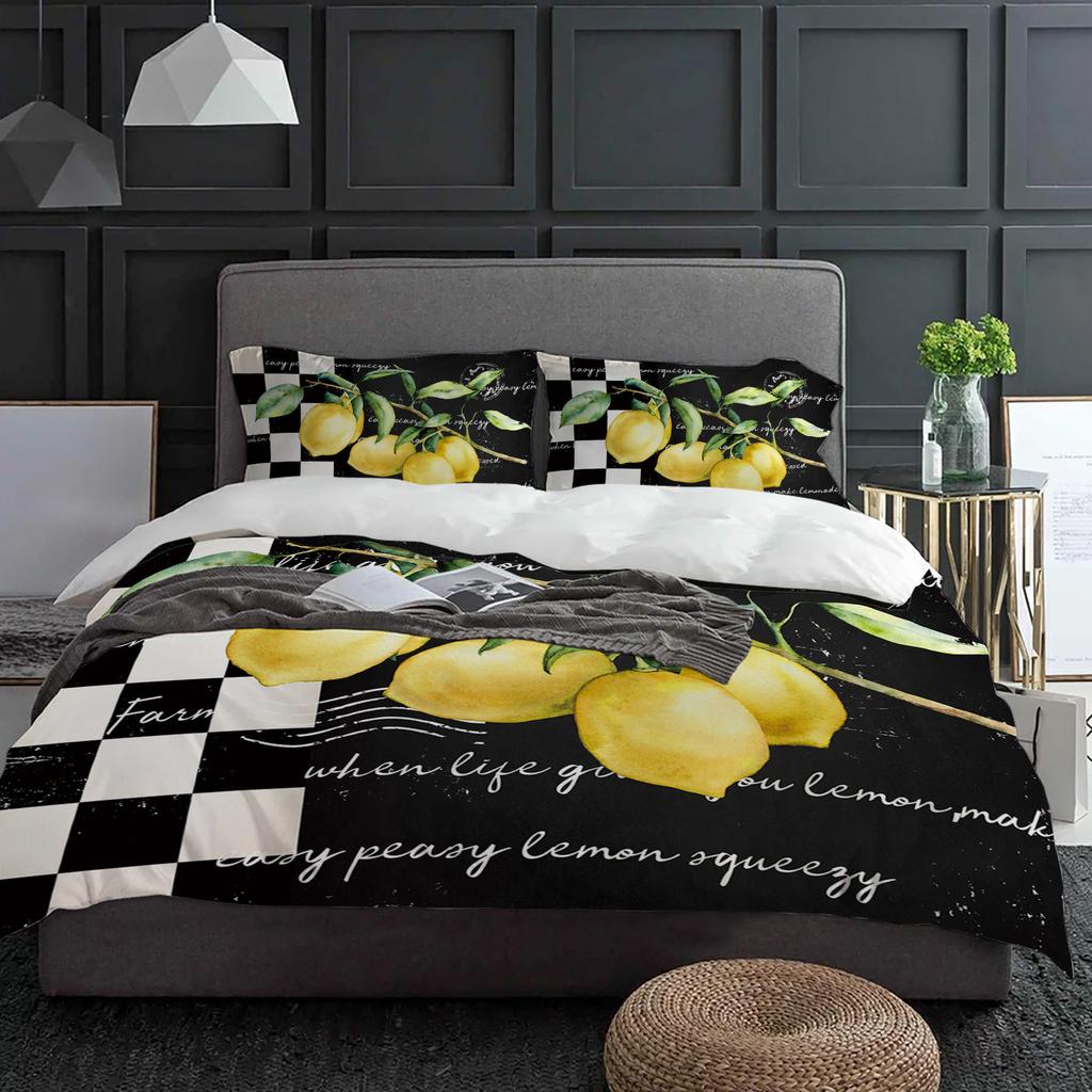 Vintage Farm Fruit Lemon Plaid Black Duvet Cover With Pillow Case Custom 3pcs Bedding Set Quilt Cover Double Bed Home Textile