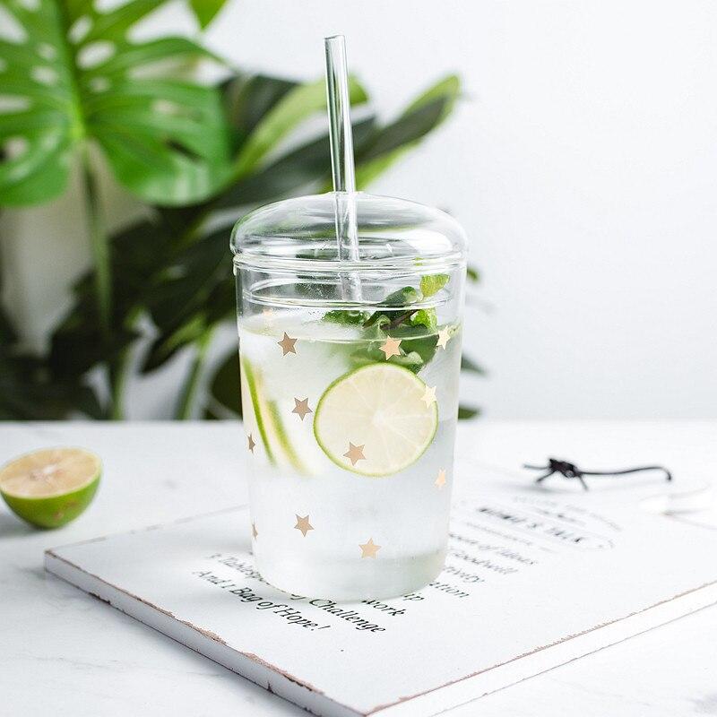 Hitzebeständige Glas-Büro-Teetasse, kreative transparente Kaffeetasse mit Deckel und Strohhalm, Haushaltsmilch-Saft-Tasse, Reise-Trinkgeschirr