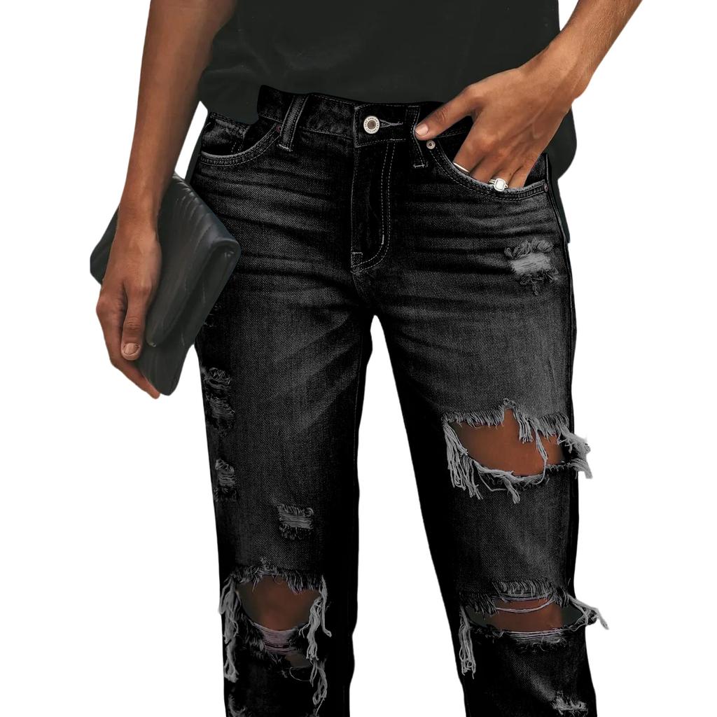 Ladies' Color Loose Casual Ripped Casual Jeans