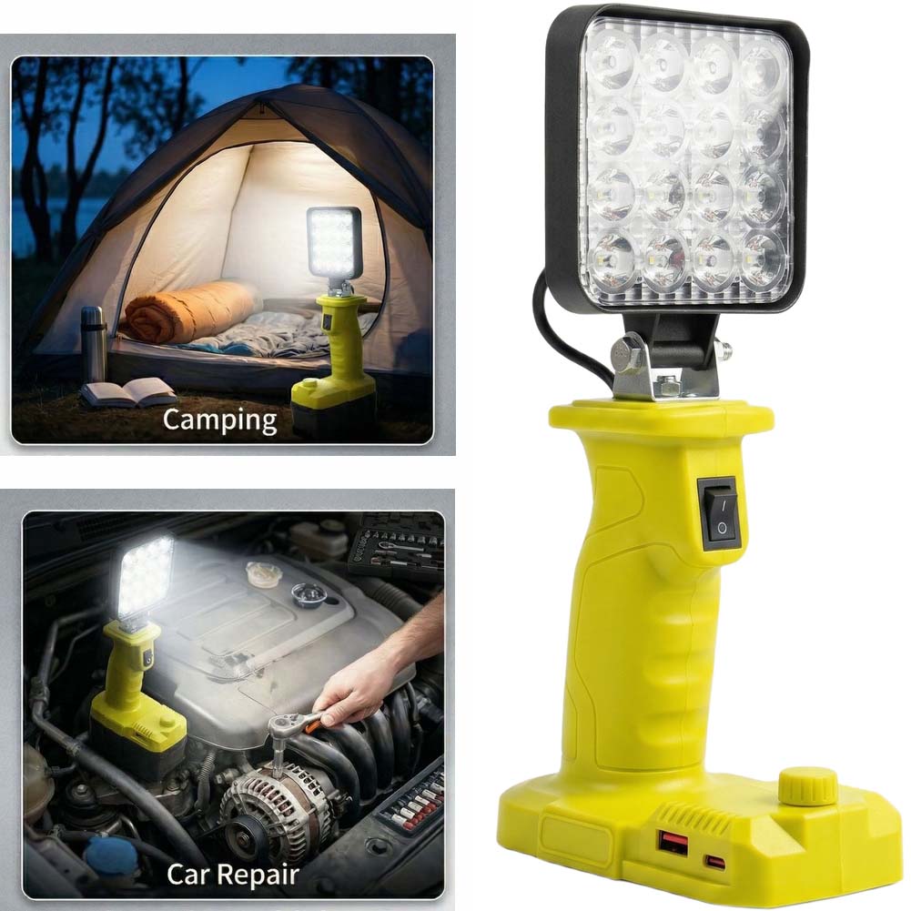 16LED 1500LM Work Light USB-C Fast Charging For P107 P108 P189 18V Battery Yellow ABS Flashlight Tool