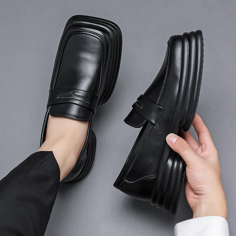 Men Square Toe Loafers Thick Soled PU Black White Patchwork Mask Decoration Business Leisure Men Shoes Versatile Men Work Shoes